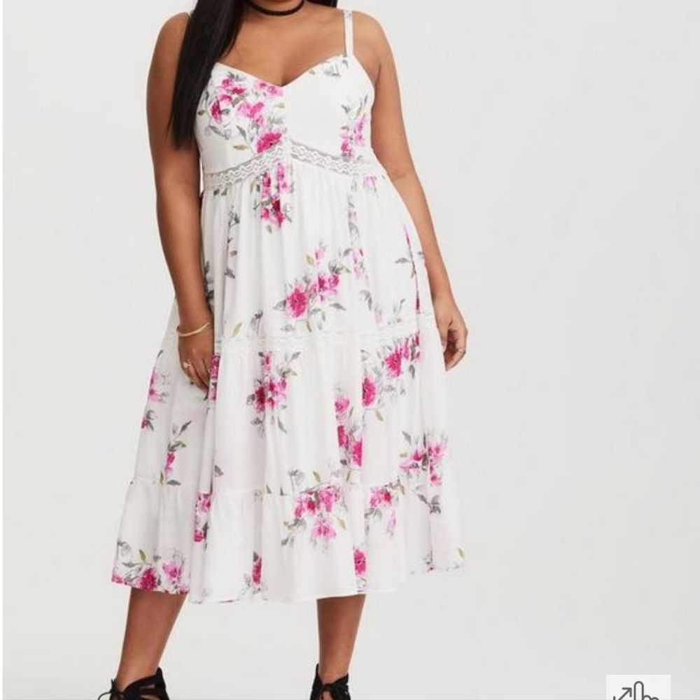 Torrid Midi Challis Tiered White Floral Dress - Size 2X